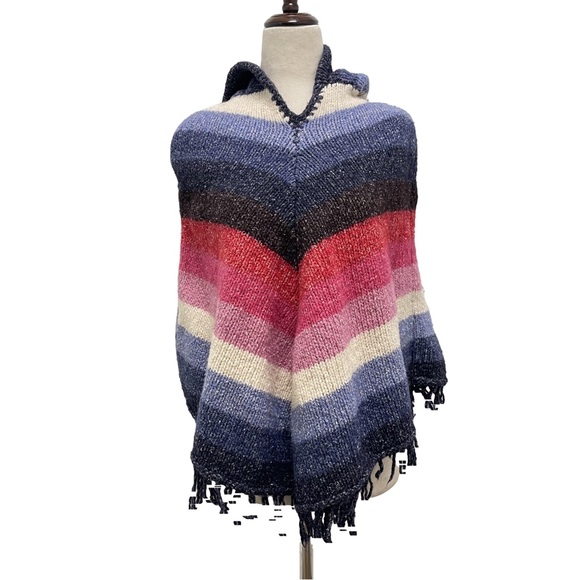Casa De La Lana Hand Knit Hooded Striped Pink Poncho Size One Size - Picture 1 of 11